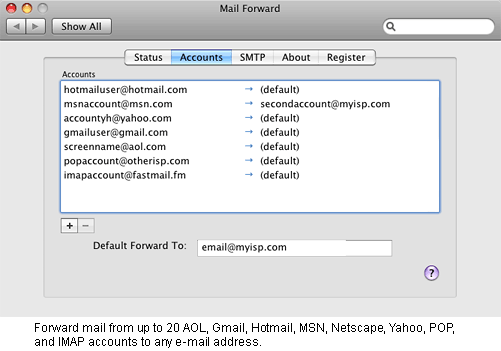 Forward mail from up to 20 AOL, Gmail, Hotmail, MSN, Netscape, Yahoo, POP, and IMAP e-mail accounts to any e-mail address.