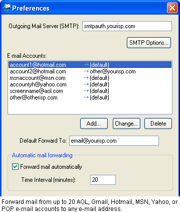 Forward mail from up to 20 AOL, Gmail, Hotmail, MSN, Yahoo, or POP e-mail accounts to any e-mail address.