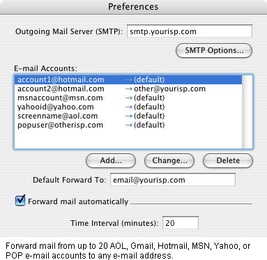 Forward mail from up to 20 AOL, Gmail, Hotmail, MSN, Yahoo, POP, or IMAP e-mail accounts to any e-mail address.